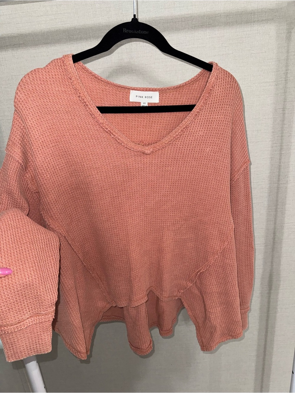 Pink Rose Coral Waffle-Knit V-Neck Sweatshirt
